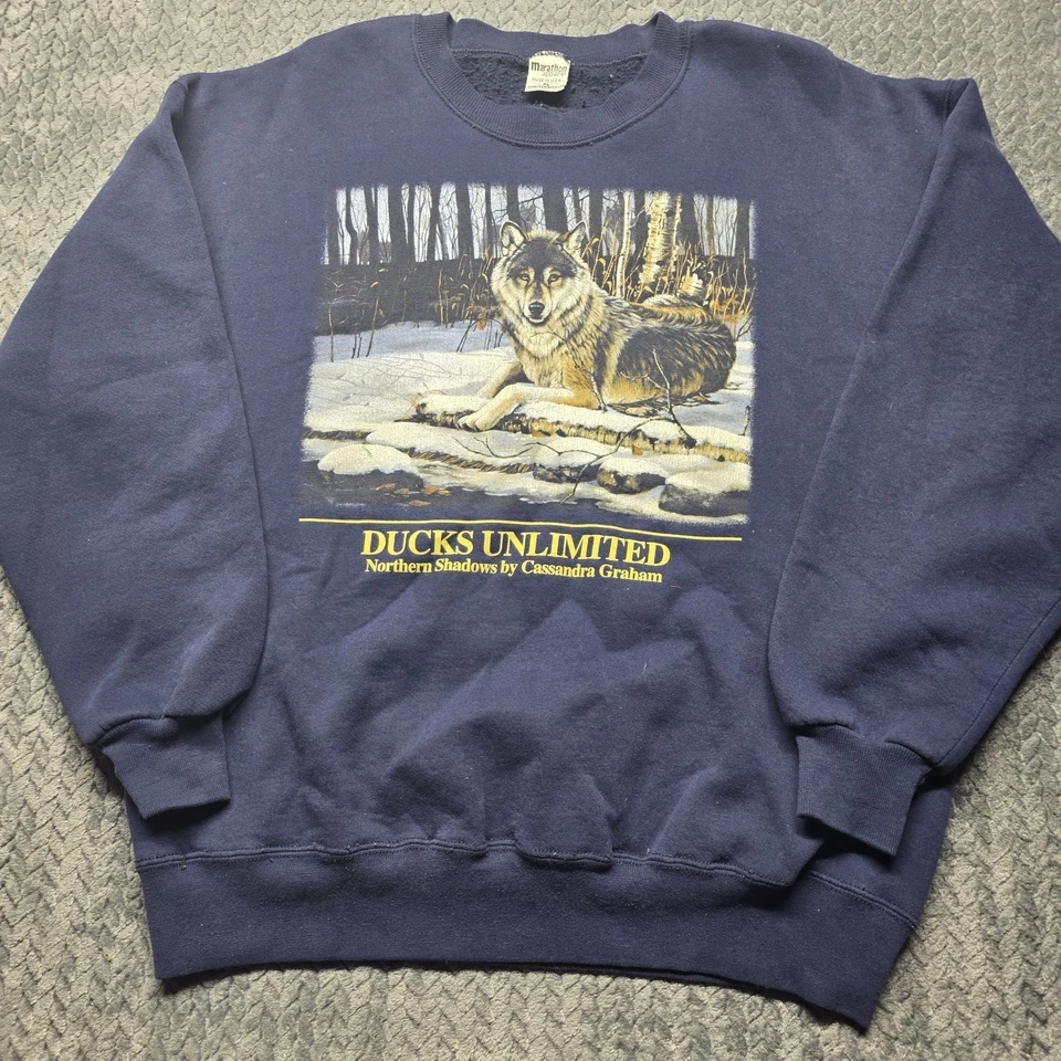 Vintage Ducks Unlimited Wolf Sweatshirt XL Blue Marathon Apparel USA Nature - Image 2 of 4