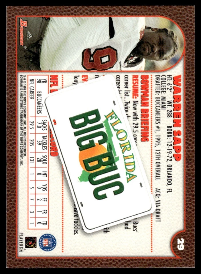 1999 Bowman Interstate Warren Sapp Buccaneers #29 *Noles2148* - Image 2 of 2