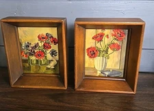 Vintage Wooden Wall Plaque Deep Framed Floral Pictures 5.25" X 6.25"
