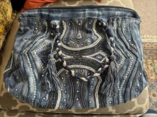 Guadalupe Designs Huge Denim Blue Embellished Beaded Mirrors Tote Bag Cotton