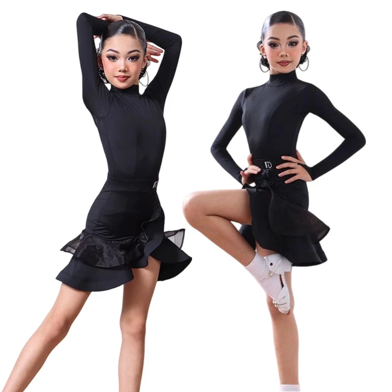 Girls Latin Dance Uniform Long Sleeve Backless Competition Dress Tango Dancewear - Image 3 of 4