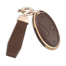 for Hyundai Key Fob Cover with Key Chain, Upper Leather Soft 5 Buttons Brown