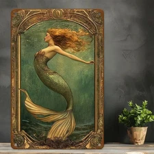 Vintage Mermaid Tin Metal Signs - Rust-Proof Iron Metal Wall Decor with Golden B