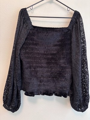 Calligraphie Velvet Smocked Witchy Whimsy Goth Top XL Burnout Sheer Lace Sleeve
