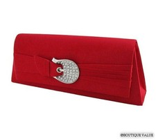 Red Satin Buckle Shoulder Clutch Rhinestones Evening Purse NEW