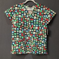 Cassandra O Love Hearts Scrub Women's Top V Neck Pockets Short Sleeves Size S