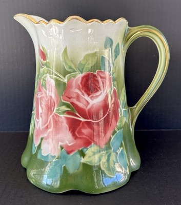 Porcelain Water Pitcher Green Pink Roses Keller & Guerin Luneville France c1900