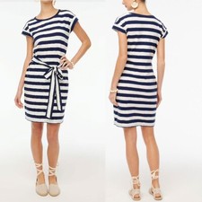 J Crew NWT $60 Navy Ivory Striped Tie Waist T-Shirt Dress in 100% Cotton | Sz XL