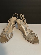David's Bridal Classy Strappy Wedge Champagne Sparkle Rhinestone Sandals Size 10