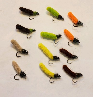 Fly Fishing Flies, 12 Beaded Dust Mop Fly colors size 10 Barbless Jig  hook