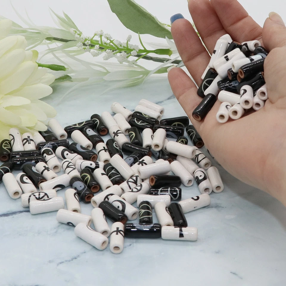 100 PIEZAS Cuentas de Porcelana Cerámica en Negro/Blanco para Adultos, 5 metros de Cordón de Cuero Foto 4 de 4