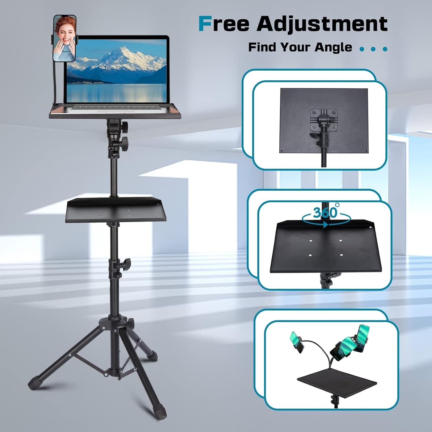 Versatile 50” Projector Tripod Stand with Rotatable Beverage Tray & Phone Holder
