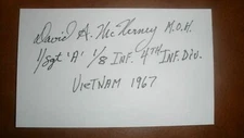 1st. Sgt. DAVID H. McNERNEY, USA Vietnam Medal of Honor Signed 3x5 MOH CMH