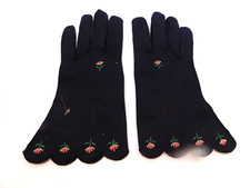 SHALIMAR LADIES NAVY BLUE COTTON GLOVES WITH EMBROIDERY FLOWERS UNLINED SIZE 6.5