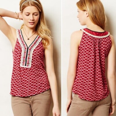 Akemi + Kin S (Anthropologie) Linen Red & Pink Print Embroidered V-neck Tank Top