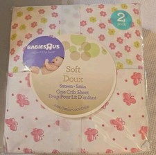 Babies R Us 2 Pack Soft Doux Sateen Satin Crib Sheet Pink White Butterfly Flower