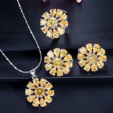 Silver Plated CZ Yellow Sun Flower Earrings Necklace Ring Jewelry Set for Women