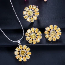 Silver Plated CZ Yellow Sun Flower Earrings Necklace Ring Jewelry Set for Women
