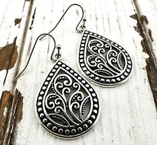 Silver Tone Engraved Filigree Teardrop Earrings