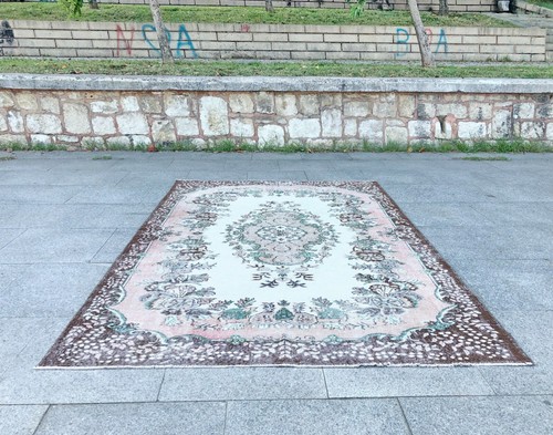 MODERN BOHEMIAN ANTIQUE VINTAGE RUG OUSHAK WOOL HAND-KNOTTED TURKISH AREA RUG - Picture 3 of 10