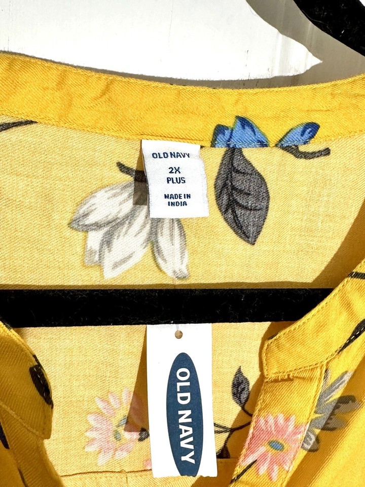 Old Navy Dress 2X Fit & Flare Gold Yellow Floral Belted Long Sleeve