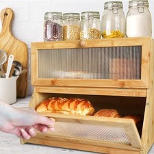 Image of Large Bamboo Bread Bin Double Layer Kitchen Storage Box Countertop