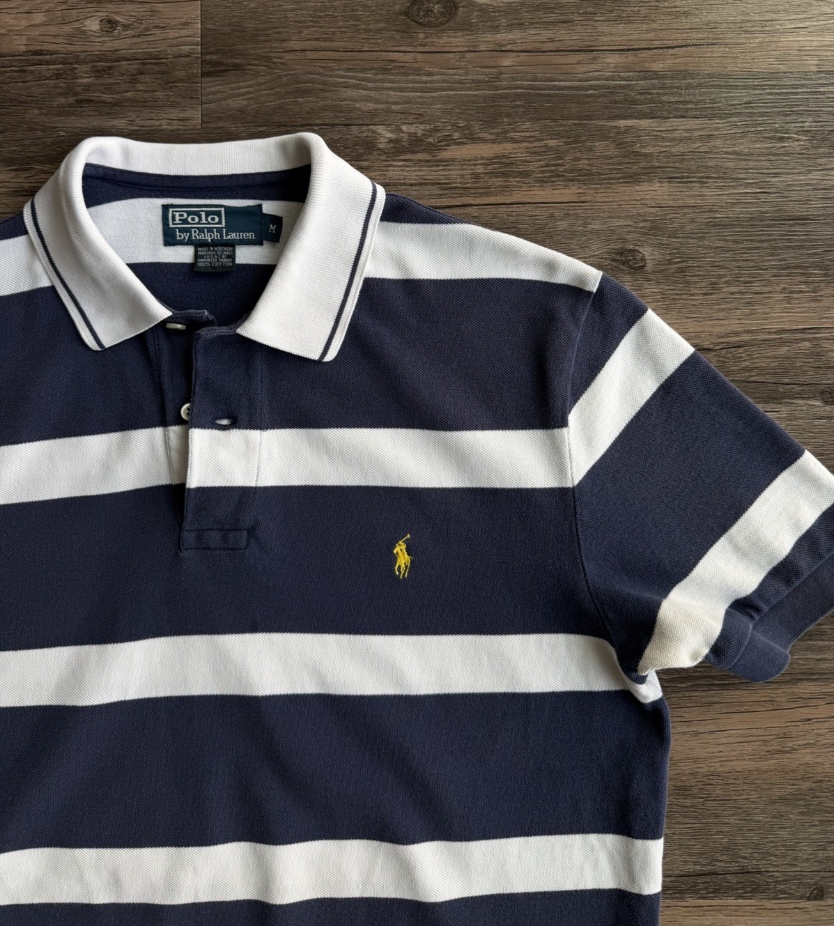 Vintage Navy Blue White Striped Polo Ralph Lauren 100% Cotton Medium Made In USA