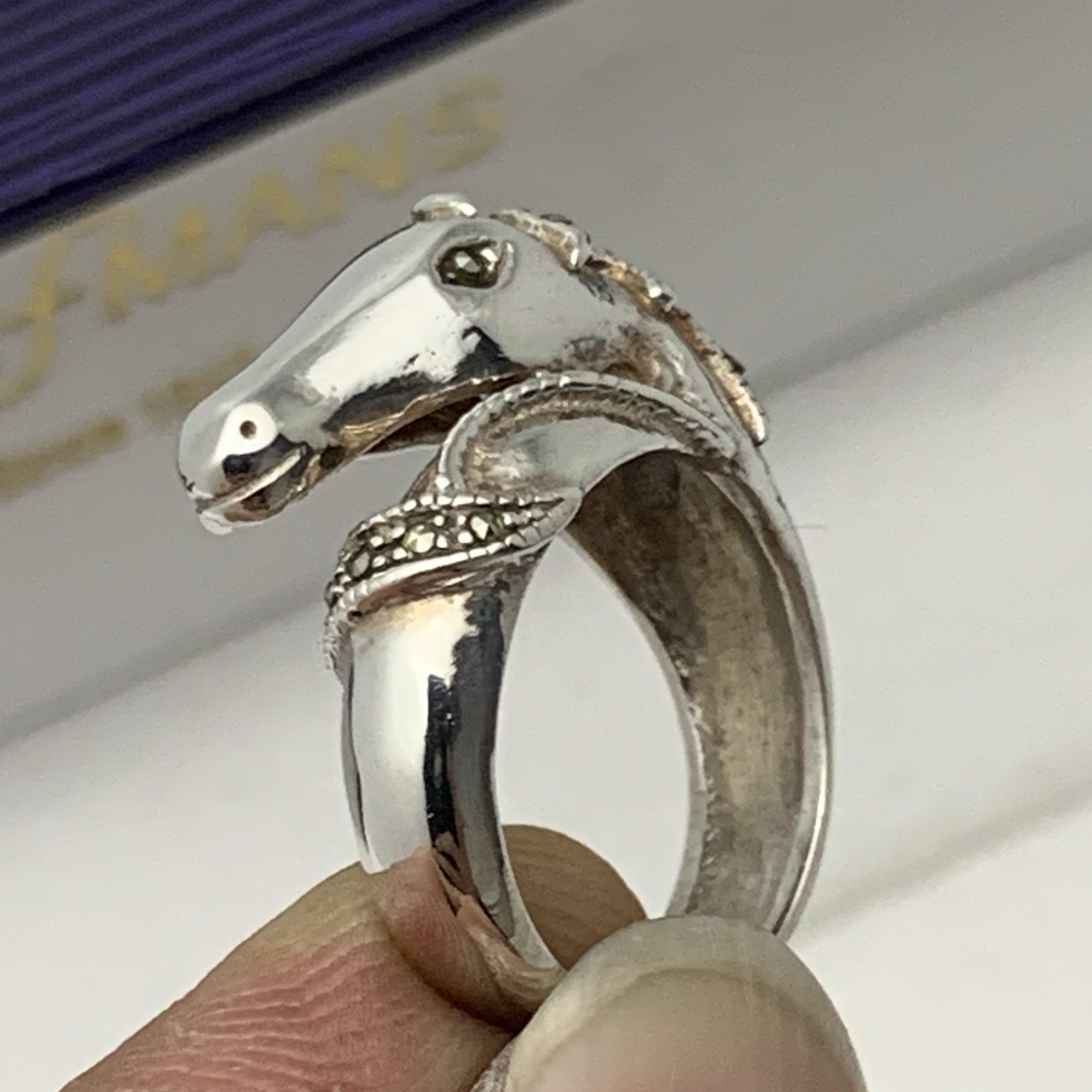 Unique Solid Silver Marcasite Horse Head Ring Ide… - image 3