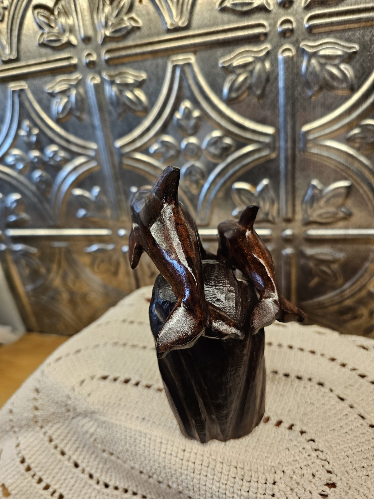 Trio Of Dolfins Riding A Wave, Ironwood Statue