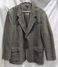 VTG. Pendleton Men  s Wool Blazer Grey/Tan Tweed Suede Shoulders  Elbows Size 48