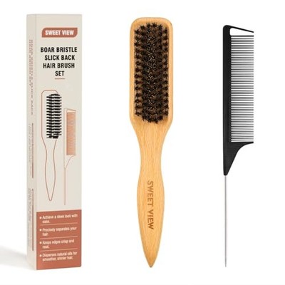  Boar Bristle Slick Back Hair Brush for Smooth Flyaways, Frizz, Wood Color
