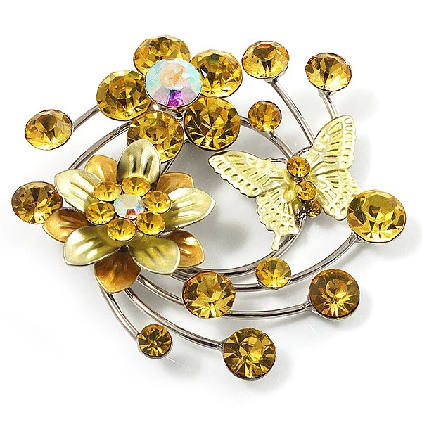 Flowers and Butterfly Round Fancy Brooch In Silver Tone/ Lemon Yellow - 52mm D