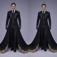 Black Men's Long Suit with Gold Decals Prom Jacket Wedding Homecoming 3Pcs
