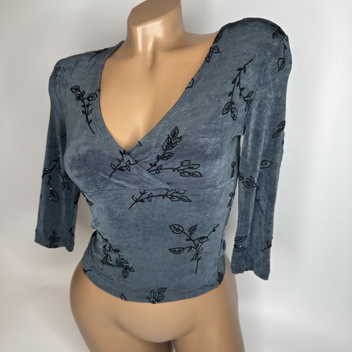 Per Angelo Donna Velvet Wrap Top XS Floral Embroidered Italy Y2K Grungecore - Picture 12 of 12