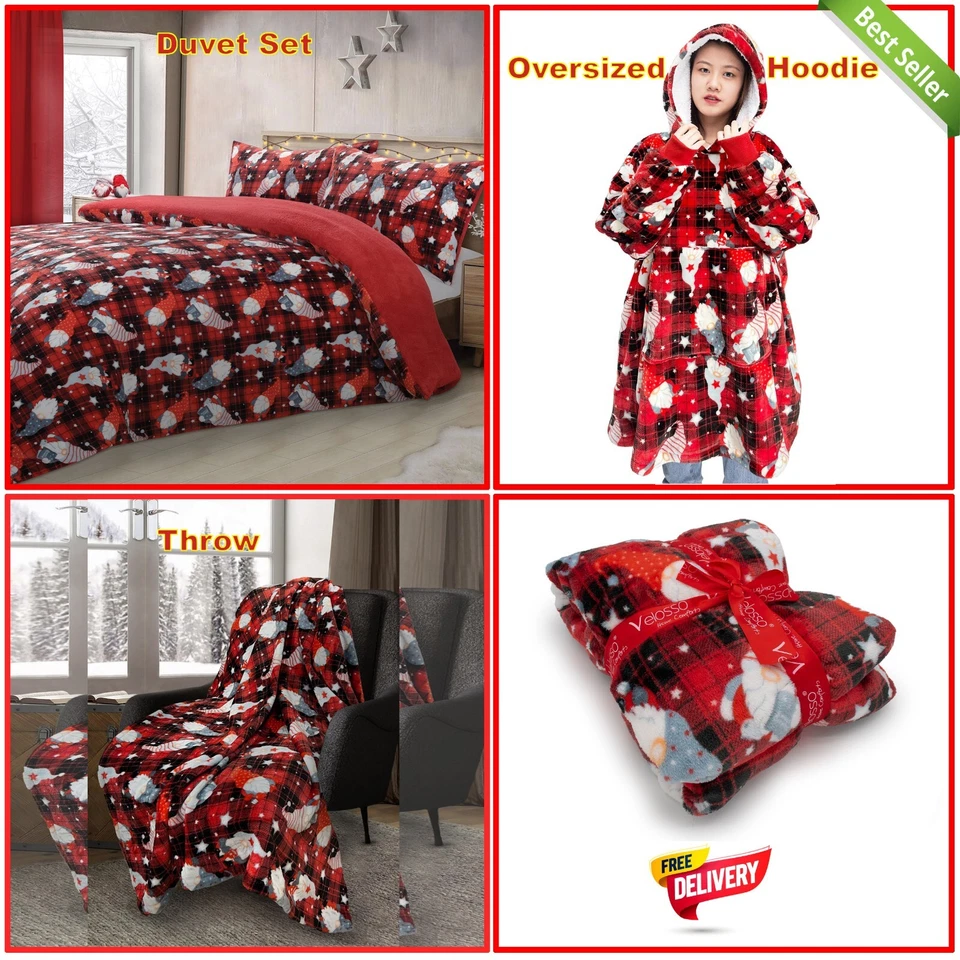 DREAM ZONE Teddy Gonks Christmas Bedding Set Fleece Duvet Cover Set With Matching Blanket