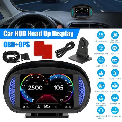 OBD2+GPS HUD Car Gauge Head Up Digital Display Speedometer Turbo RPM Alarm Temp