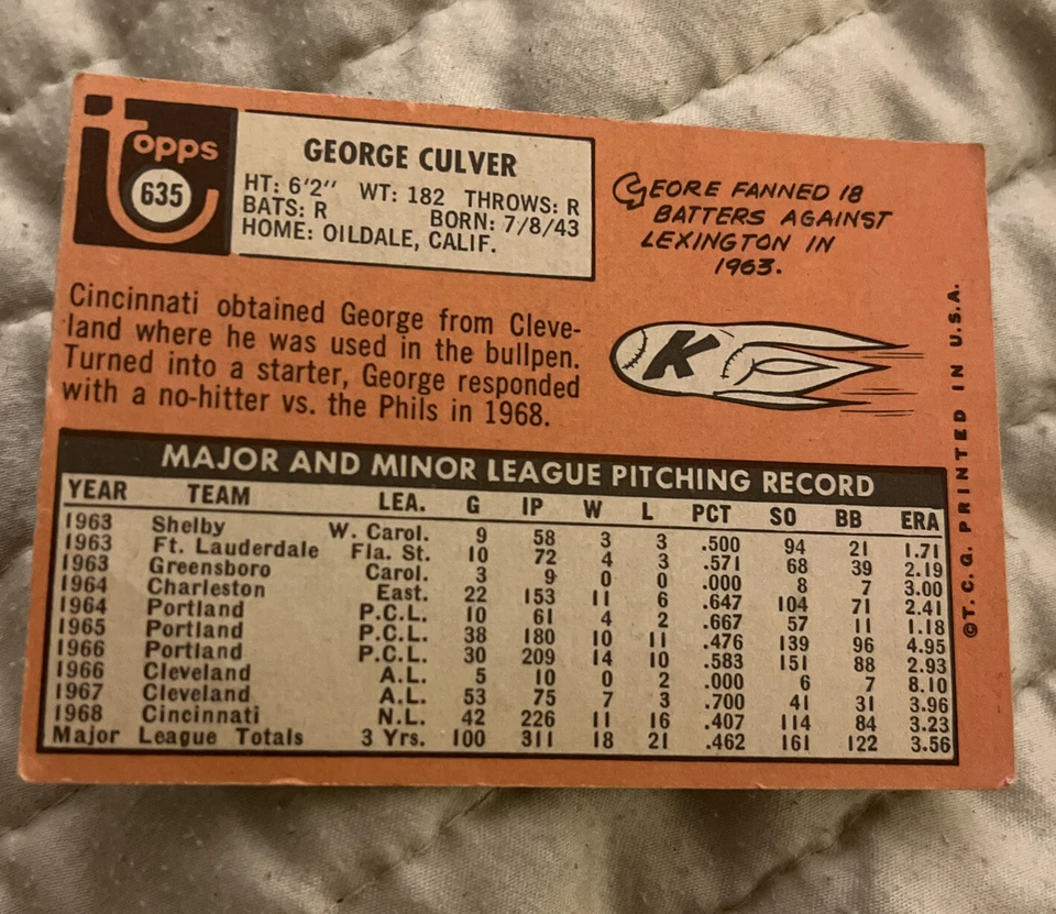 1969 Topps George Culver  Cincinnati Reds #635 - Image 2 of 2