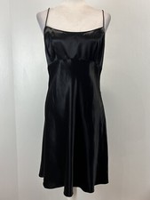 Vtg Niki Livas Black Satin Slip Dress Sz 14 Open Back Sleeveless Made USA Y2K