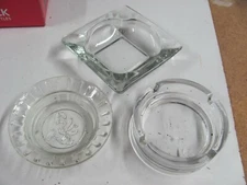 LOT OF 3 Vintage Clear Glass Cigarette Ashtrays Ashtray Floral Round Square