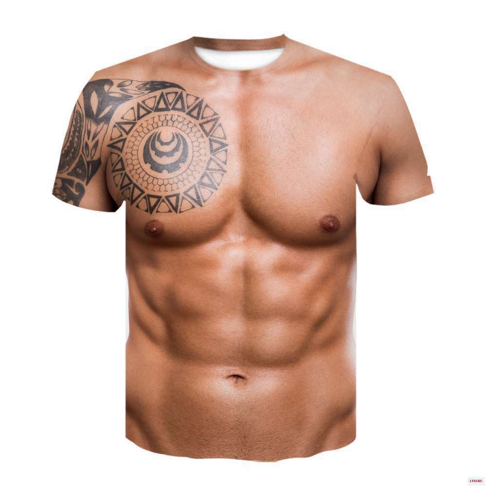 Men 3D Muscle Tattoo Print T-Shirt Short Sleeve Digital Printing T Shirt US