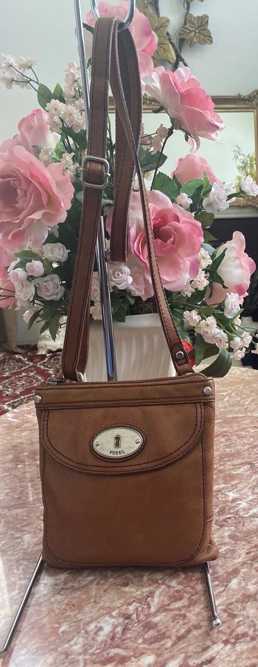 Fossil Snap Brown Leather Crossbody Shoulder Bag Small EUC