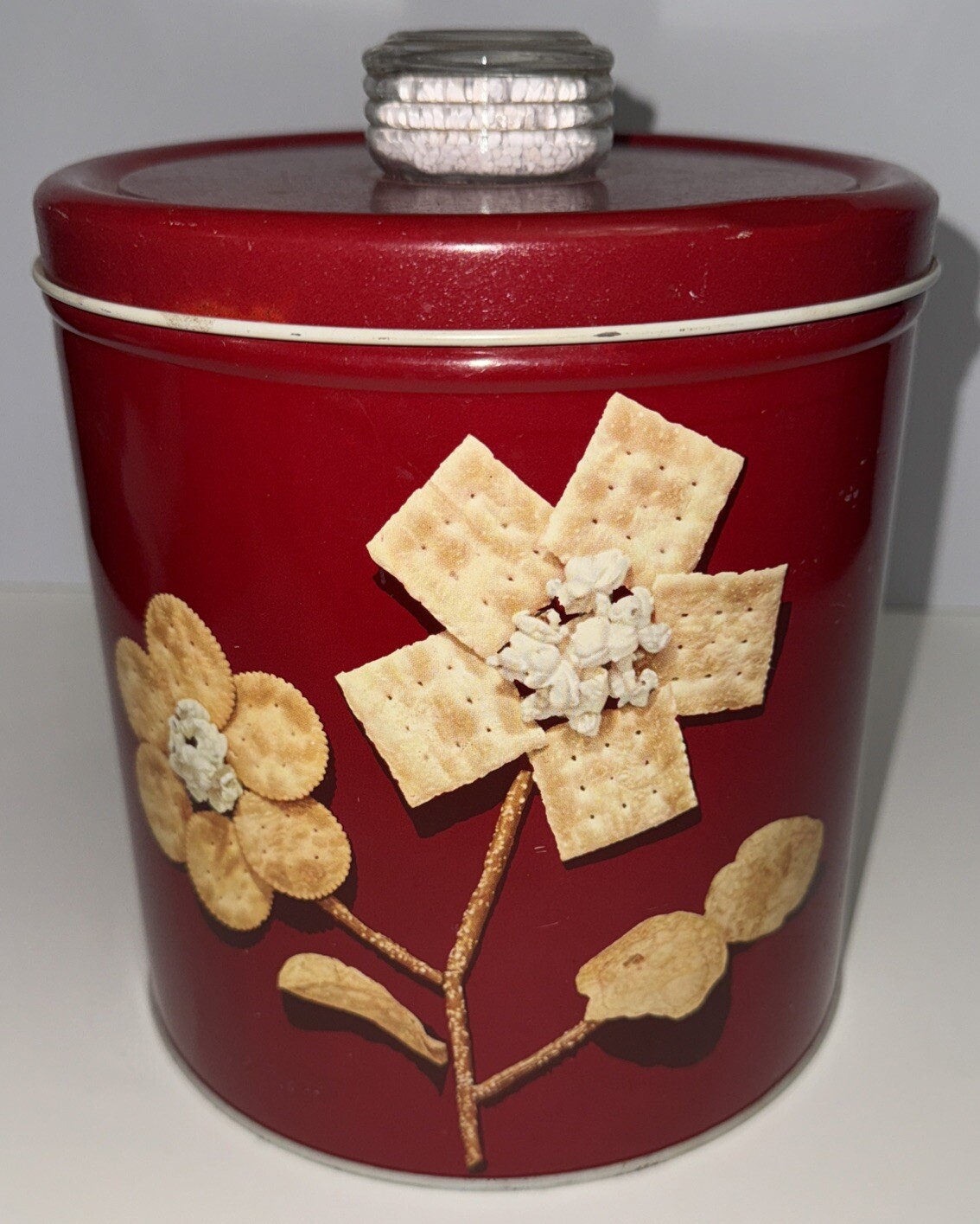 Vintage Blue Magic Krispy Kan Tin Canister Magic Glass Knob 1950s Red