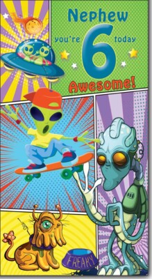 Neffe 6. Geburtstag Karte mit schönem Vers - Outer Space Aliens UFO Skateboarder