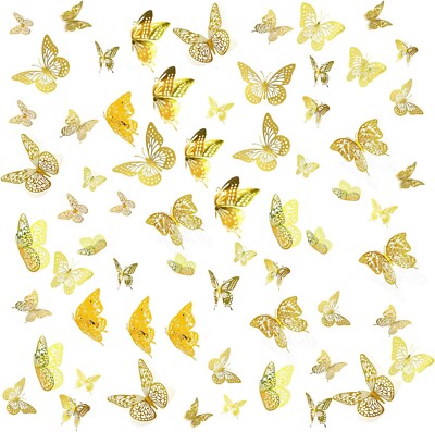3D Butterfly Wall Decor 48 Pcs 4 Styles 3 Sizes, Gold Butterfly Decoration for B