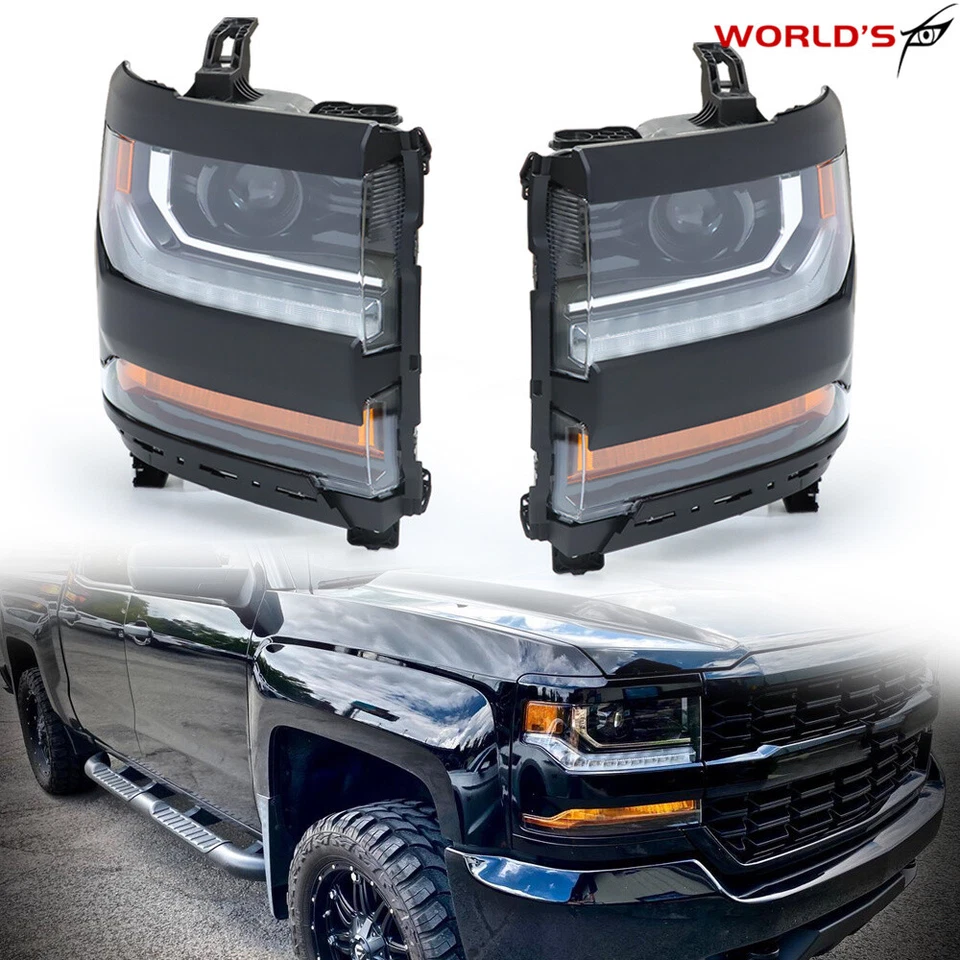 Headlight For Chevy Silverado 1500 2016-2018 HID/Xenon w/ LED Black RH+LH - Image 2 of 4