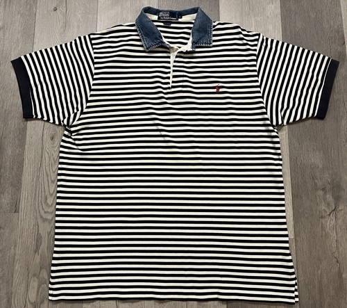 Vintage Polo Ralph Lauren Herren weiß/blau gestreiftes Polo mit Jeanskragen - Large