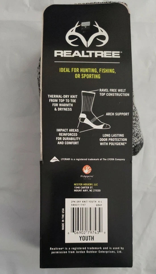  REALTREE Heavyweight Hiker Socks Youth 1-Pair Dry Knit Thermal  Gray New w/Tags - Image 4 of 4