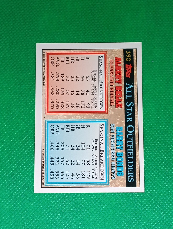 1994 BARRY BONDS ALBERT BELLE TOPPS ALL STAR BASEBALL CARD #390 PIRATES