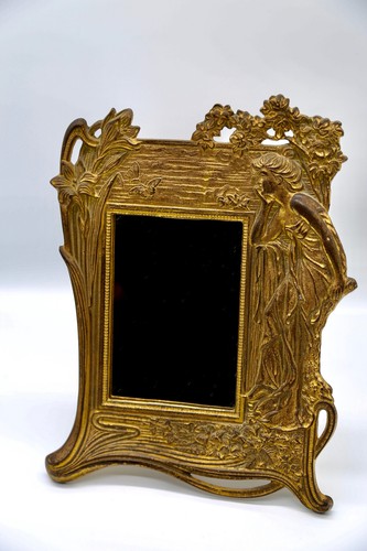 Art Nouveau Picture Frame with Maiden in the Garden Motif circa early 1900s.