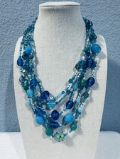 VTG Blue Glass  Plastic Bead Multi Strand Necklace Chunky Statement Adjustable
